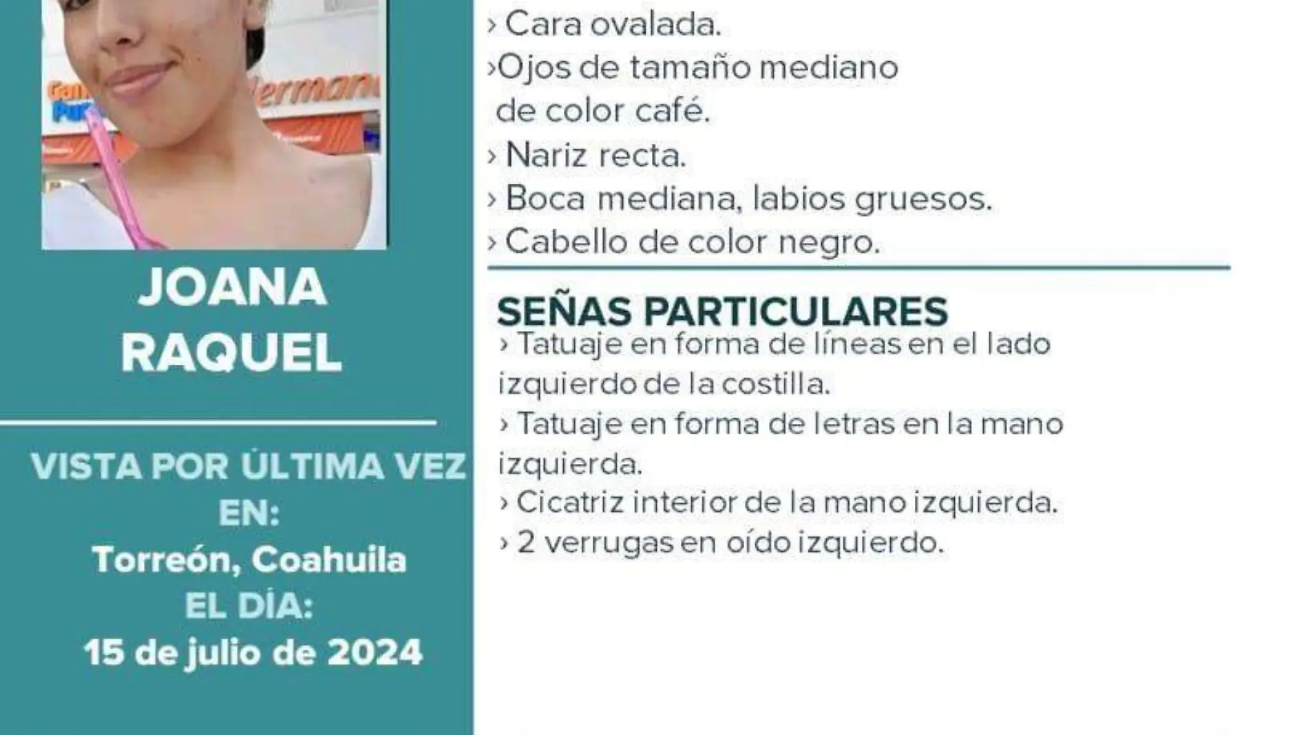 Piden ayuda para localizar a Joana Raquel Bustos.